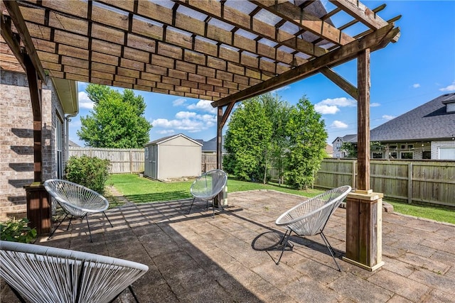 2301 SW Farringdon Ave, Bentonville, AR 72713 - fenced backyard with a storage shed, a pergola, and a patio area