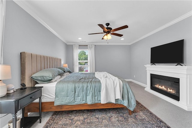 3205 Summer View Ave, Springdale, AR 72764 - carpeted bedroom with ornamental molding, a glass covered fireplace, recessed lighting, and a ceiling fan