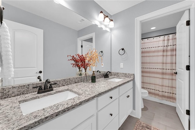 3205 Summer View Ave, Springdale, AR 72764 - bathroom featuring double vanity, tile patterned floors, and curtained shower