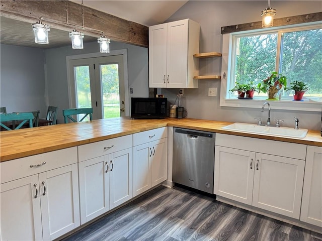 7792 Bubbling Springs Rd, Harrison, AR 72601 - kitchen featuring stainless steel dishwasher, wood counters, black microwave, dark wood finished floors, and white cabinets