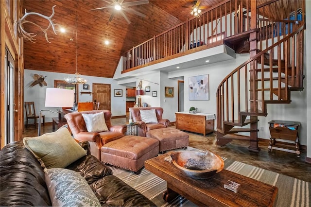 8715 Rambo N Rd, Rogers, AR 72756 - living area featuring a ceiling fan, wooden ceiling, high vaulted ceiling, stairs, and a chandelier