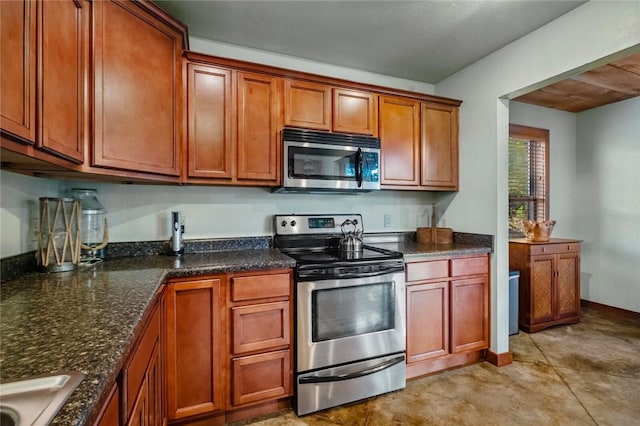 8715 Rambo N Rd, Rogers, AR 72756 - kitchen with stainless steel appliances, brown cabinetry, and dark stone counters