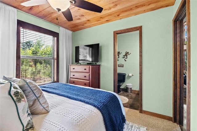 8715 Rambo N Rd, Rogers, AR 72756 - carpeted bedroom featuring wooden ceiling, ceiling fan, and connected bathroom