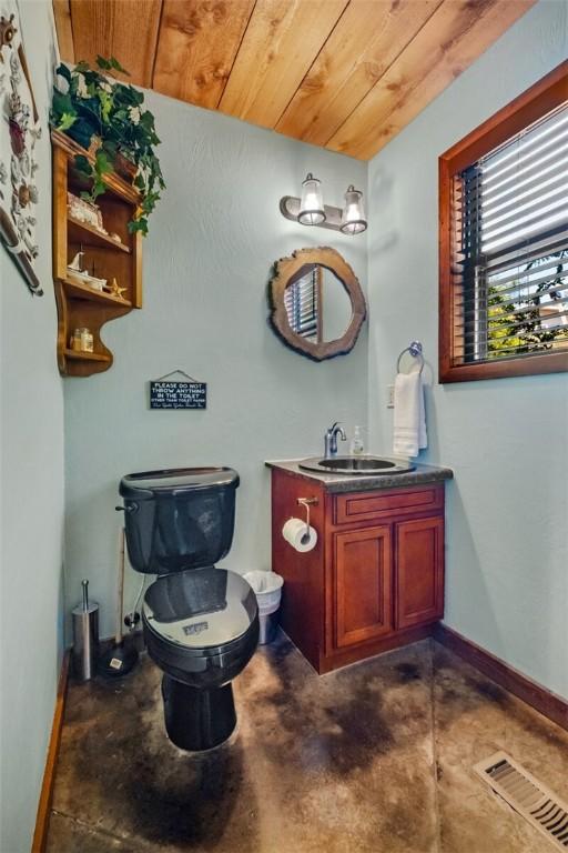 8715 Rambo N Rd, Rogers, AR 72756 - half bath with concrete flooring, vanity, and wood ceiling