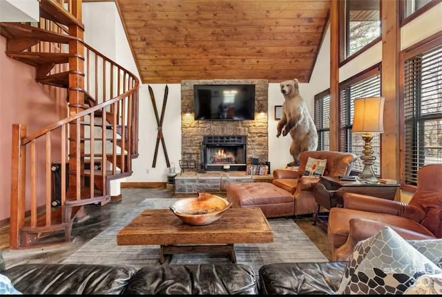 8715 Rambo N Rd, Rogers, AR 72756 - living area featuring stairway, wood ceiling, high vaulted ceiling, and a fireplace