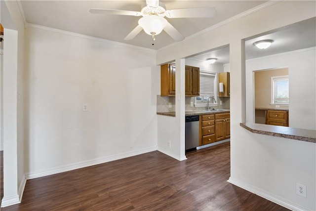 520 S 13th St, Rogers, AR 72758 - kitchen with stainless steel dishwasher, brown cabinetry, dark wood-style flooring, ceiling fan, and ornamental molding