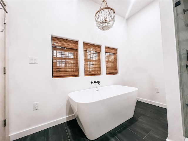 5807 Farm Rd Unit 2212, Washburn, MO 65772 - bathroom featuring a stall shower, a chandelier, a soaking tub, and a high ceiling