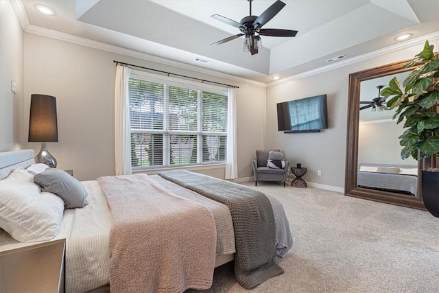 5208 43rd St, Rogers, AR 72758 - bedroom with a tray ceiling, crown molding, carpet, recessed lighting, and ceiling fan