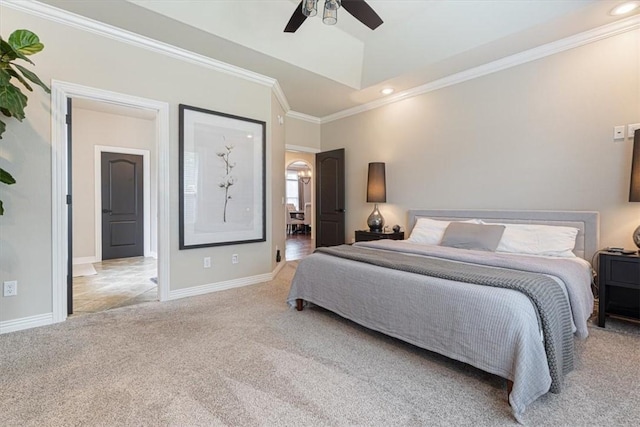 5208 43rd St, Rogers, AR 72758 - bedroom with light carpet, crown molding, recessed lighting, and ceiling fan