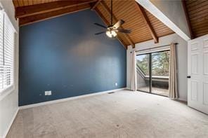 26 Norwood Dr, Bella Vista, AR 72714 - unfurnished bedroom featuring access to exterior, carpet flooring, high vaulted ceiling, and a wood ceiling with exposed beams