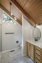 26 Norwood Dr, Bella Vista, AR 72714 - full bathroom with a wooden ceiling with exposed beams, a chandelier, vanity, and a shower