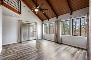 26 Norwood Dr, Bella Vista, AR 72714 - spare room featuring ceiling fan, high vaulted ceiling, wood finished floors, and a wood ceiling with exposed beams