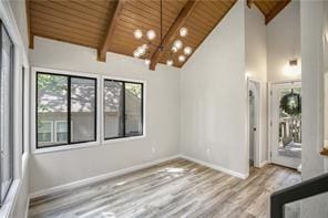 26 Norwood Dr, Bella Vista, AR 72714 - unfurnished dining area featuring a wood ceiling with exposed beams, wood finished floors, a chandelier, and high vaulted ceiling
