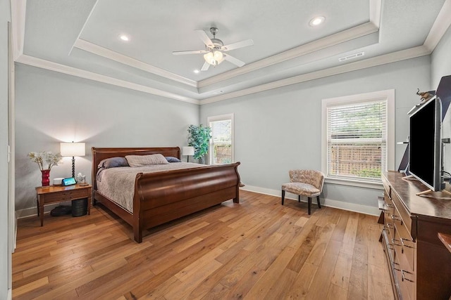 4609 W Waters Edge Dr, Rogers, AR 72758 - bedroom with a raised ceiling, multiple windows, light wood-style flooring, crown molding, and recessed lighting
