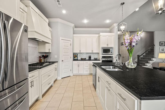 4609 W Waters Edge Dr, Rogers, AR 72758 - kitchen featuring stainless steel appliances, crown molding, backsplash, light tile patterned floors, and white cabinets