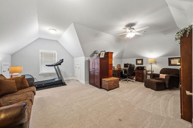 4609 W Waters Edge Dr, Rogers, AR 72758 - exercise area with light colored carpet, lofted ceiling, and a ceiling fan