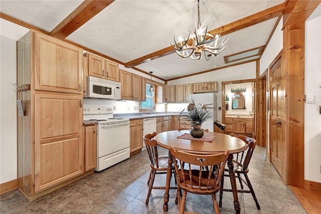 8092 Fain Dr, Rogers, AR 72756 - kitchen featuring white appliances, a chandelier, light brown cabinetry, and pendant lighting