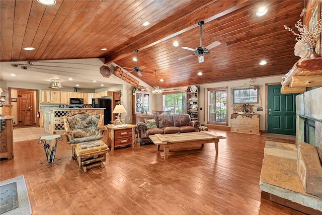 8092 Fain Dr, Rogers, AR 72756 - living area featuring wooden ceiling, a ceiling fan, a fireplace, recessed lighting, and light wood-style floors