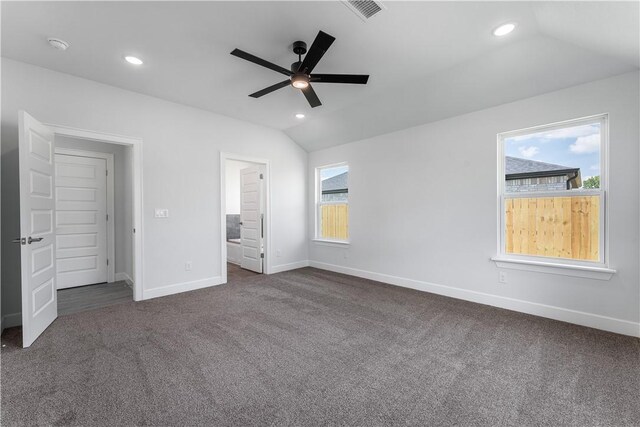 4669 W Triangle St, Fayetteville, AR 72704 - unfurnished bedroom with dark colored carpet, vaulted ceiling, recessed lighting, and ceiling fan