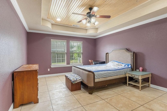 1315 S Breckenridge Loop, Rogers, AR 72756 - bedroom featuring a raised ceiling, a textured wall, ornamental molding, light tile patterned floors, and wood ceiling