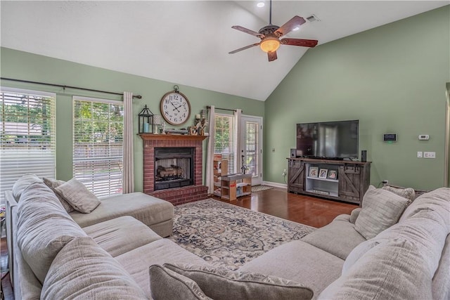 3 Jared Ln, Conway, AR 72032 - living room featuring ceiling fan, wood finished floors, healthy amount of natural light, a fireplace, and high vaulted ceiling