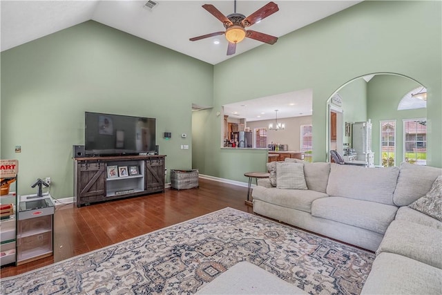 3 Jared Ln, Conway, AR 72032 - living area with high vaulted ceiling, ceiling fan, a chandelier, wood finished floors, and recessed lighting