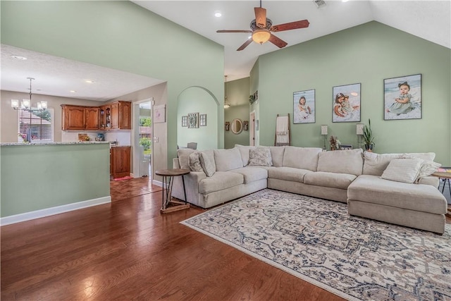 3 Jared Ln, Conway, AR 72032 - living area with a chandelier, ceiling fan, dark wood-type flooring, high vaulted ceiling, and recessed lighting