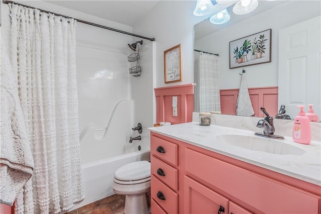 3 Jared Ln, Conway, AR 72032 - bathroom with vanity, shower / bathtub combination with curtain, tile patterned floors, wainscoting, and a decorative wall