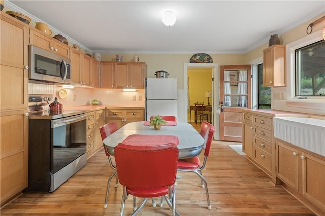 247 NC-3600, Western Grove, AR 72685 - kitchen with appliances with stainless steel finishes, crown molding, light wood-type flooring, and light countertops