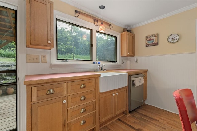 247 NC-3600, Western Grove, AR 72685 - kitchen featuring stainless steel dishwasher, crown molding, light wood-type flooring, light countertops, and a wainscoted wall