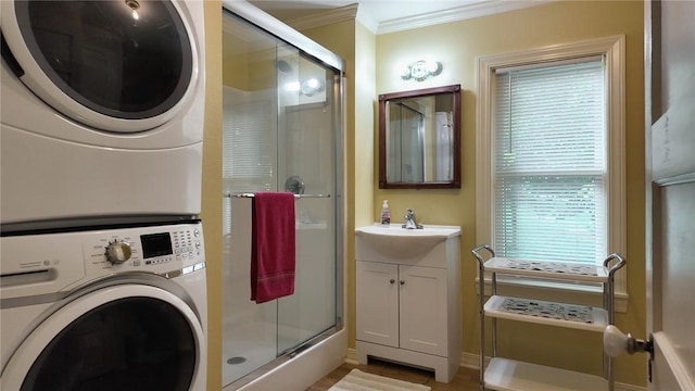 247 NC-3600, Western Grove, AR 72685 - full bathroom featuring stacked washing machine and dryer, ornamental molding, a shower stall, and vanity