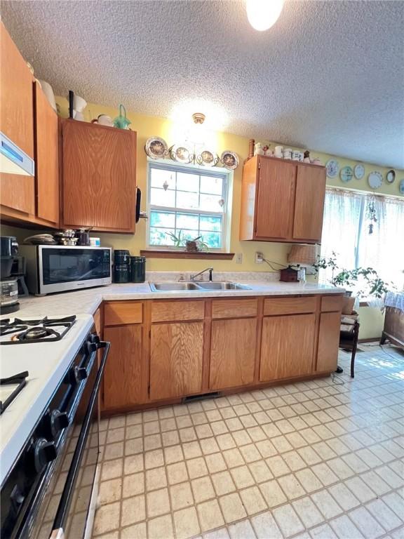 107 Jay Ln, Eureka Springs, AR 72632 - kitchen featuring stainless steel microwave, white gas stove, light countertops, plenty of natural light, and a textured ceiling