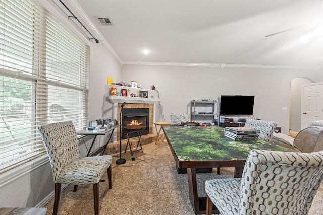 1902 SW Sequoia St, Bentonville, AR 72713 - living area with ornamental molding, carpet flooring, a fireplace, and arched walkways