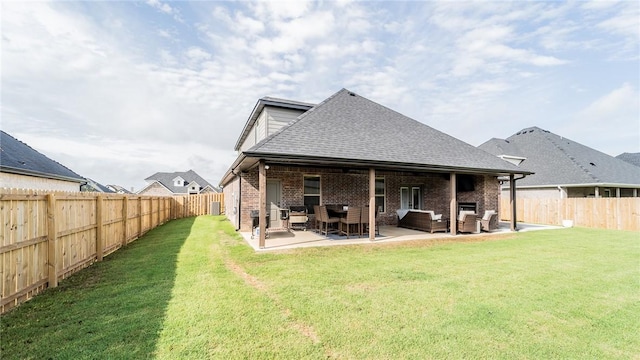 884 Ardiano Ave, Tontitown, AR 72762 - back of house featuring an outdoor hangout area, a shingled roof, a fenced backyard, and brick siding