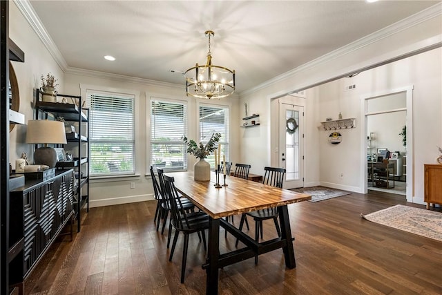 320 Bequette Ln, Centerton, AR 72719 - dining area with a chandelier, ornamental molding, dark wood-style floors, and recessed lighting