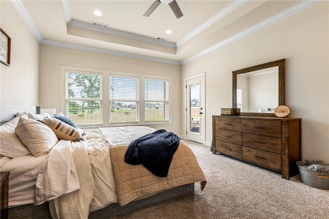 320 Bequette Ln, Centerton, AR 72719 - bedroom with access to outside, a raised ceiling, light colored carpet, crown molding, and ceiling fan