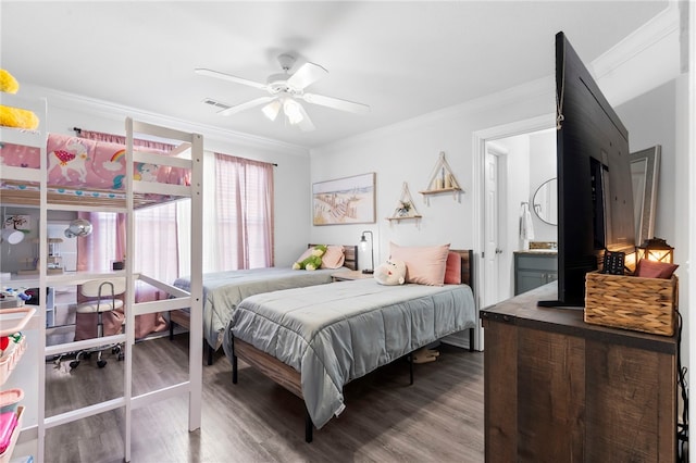 874 Oakwood Ln, Centerton, AR 72719 - bedroom with crown molding, wood finished floors, and ceiling fan