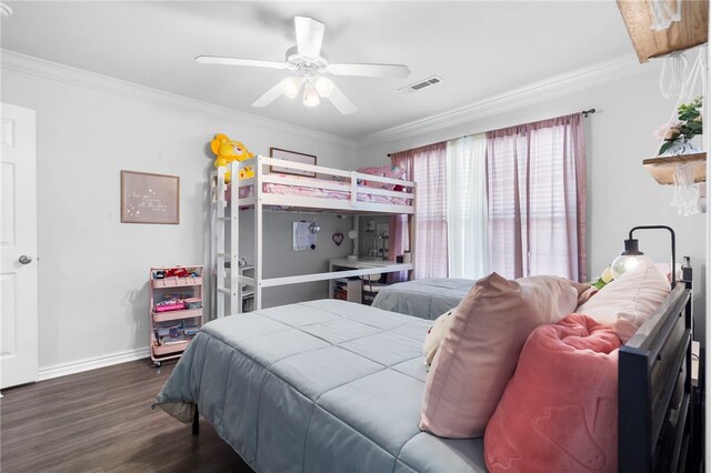 874 Oakwood Ln, Centerton, AR 72719 - bedroom with crown molding, dark wood-type flooring, and a ceiling fan