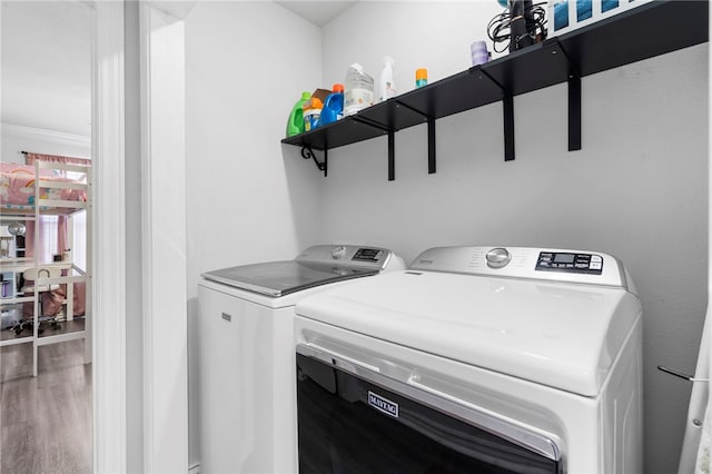874 Oakwood Ln, Centerton, AR 72719 - washroom with washer and clothes dryer, wood finished floors, and ornamental molding