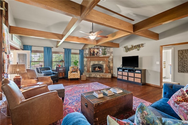 217 Waterfront Cir, Alma, AR 72921 - living area featuring beamed ceiling, a ceiling fan, wood finished floors, a stone fireplace, and coffered ceiling