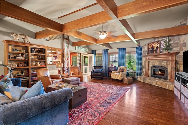 217 Waterfront Cir, Alma, AR 72921 - living room with beam ceiling, a stone fireplace, ceiling fan, wood finished floors, and coffered ceiling