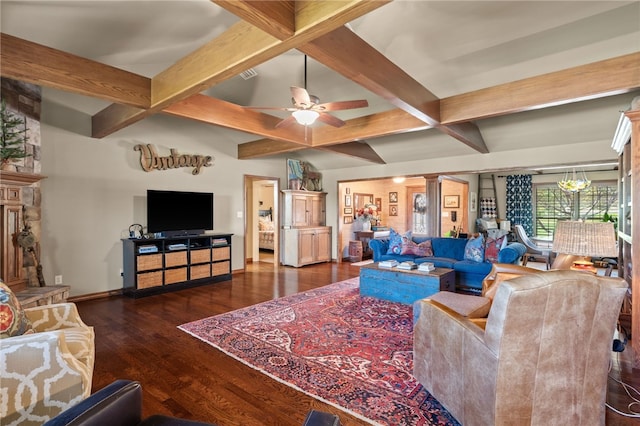 217 Waterfront Cir, Alma, AR 72921 - living area featuring coffered ceiling, wood finished floors, ceiling fan, and beam ceiling