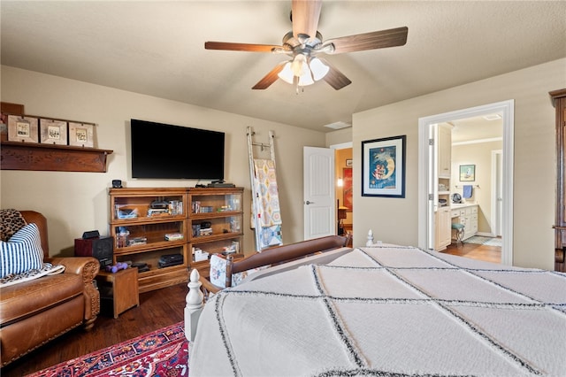 217 Waterfront Cir, Alma, AR 72921 - bedroom with wood finished floors, connected bathroom, and a ceiling fan