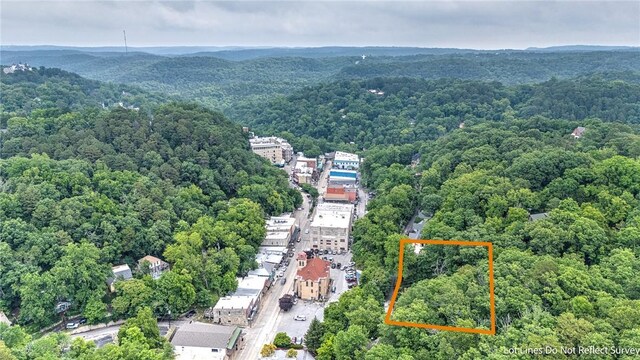 32 Armstrong St, Eureka Springs, AR 72632 - aerial view of property and surrounding area with a forest and property boundaries highlighted