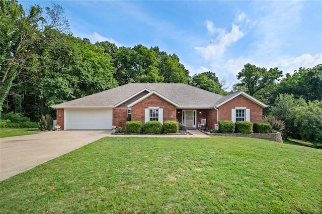 16 Olmsted Ln, Bella Vista, AR 72715 - ranch-style house featuring an attached garage, concrete driveway, brick siding, a front lawn, and a shingled roof