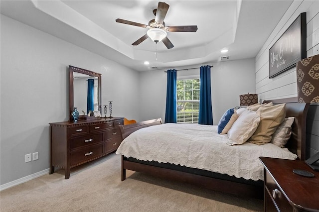 16 Olmsted Ln, Bella Vista, AR 72715 - bedroom with a tray ceiling, light carpet, a ceiling fan, and recessed lighting