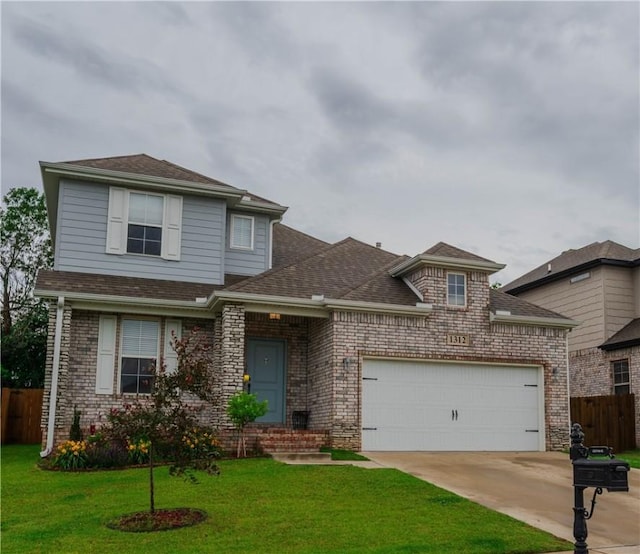 1312 Park St, Lowell, AR 72745 - view of front of house featuring a garage, concrete driveway, a shingled roof, and brick siding