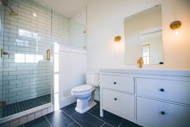 218 E S St, Fayetteville, AR 72701 - full bathroom featuring vanity, a shower stall, and tile patterned floors