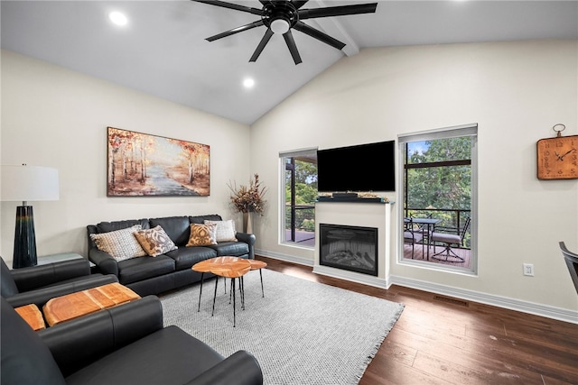 8252 Hickory Tree Ln, Rogers, AR 72756 - living room featuring healthy amount of natural light, ceiling fan, beam ceiling, recessed lighting, and dark wood-style flooring