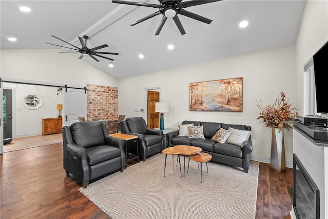 8252 Hickory Tree Ln, Rogers, AR 72756 - living area featuring a barn door, ceiling fan, dark wood-type flooring, and recessed lighting